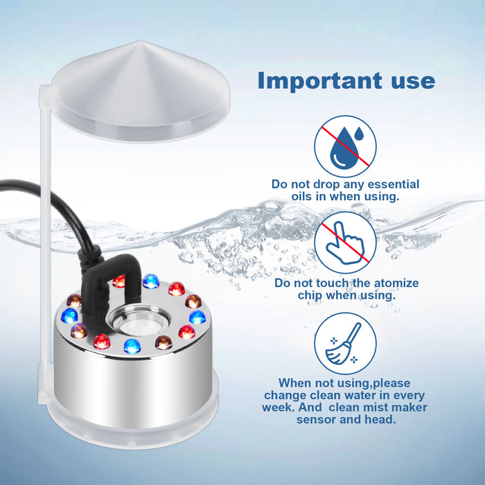 12 LED Lights Mist Maker Fogger Adjustable Fog Atomizer Mini Air Humidifier Pond