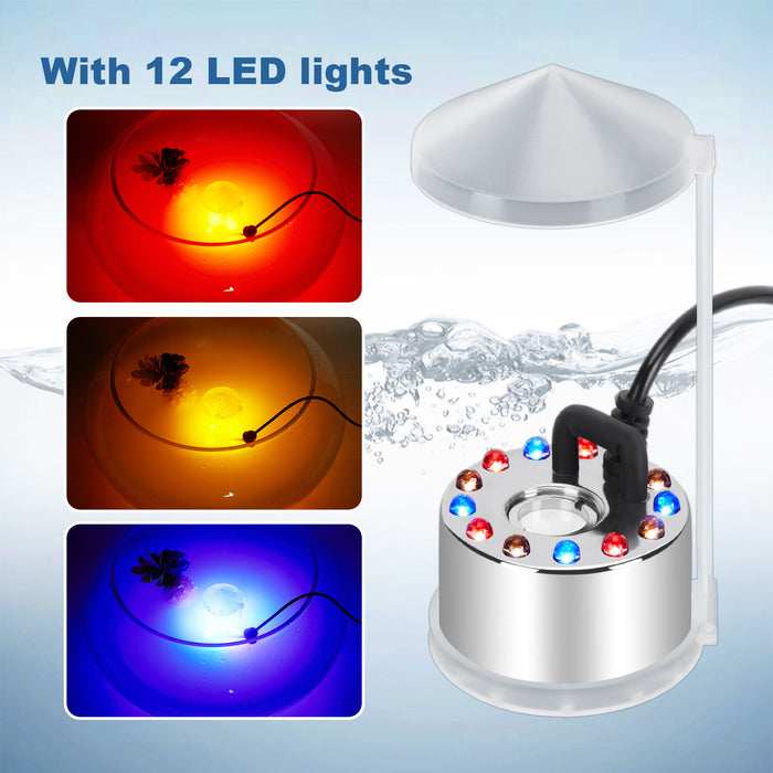 12 LED Lights Mist Maker Fogger Adjustable Fog Atomizer Mini Air Humidifier Pond