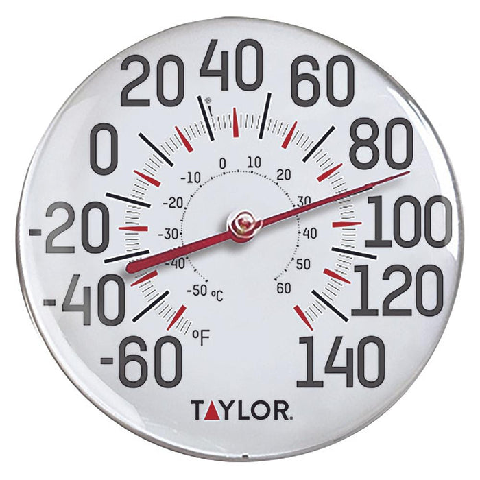 12 inch round metal patio thermometer with bold Fahrenheit numbers and Taylor logo