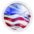13.25 inch American flag dial thermometer with flag backdrop and white frame
