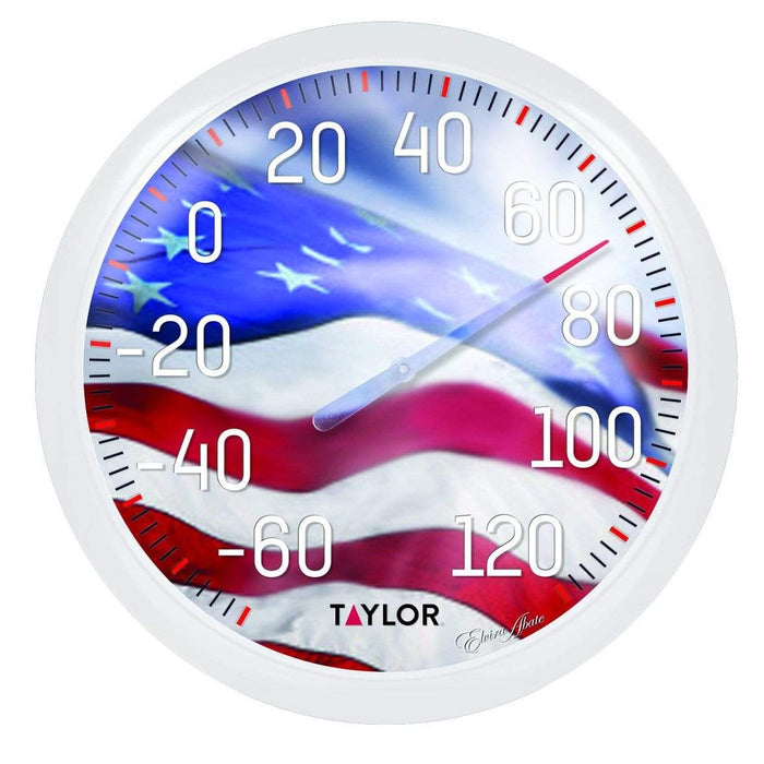 13.25 inch American flag dial thermometer with flag backdrop and white frame
