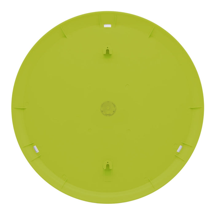 Back view of lime green circular outdoor thermometer showing mounting hardware