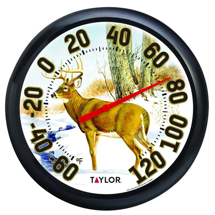 13.25 inch Deer Dial Thermometer showing a buck in a snowy woodland scene.