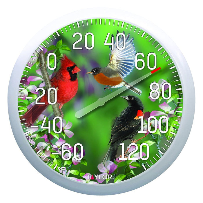 13.25 inch round dial thermometer featuring a spring birds scene with cardinals and other birds