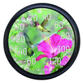 13.25 inch Hummingbird Dial Thermometer with two hummingbirds near a pink hibiscus on a green background.