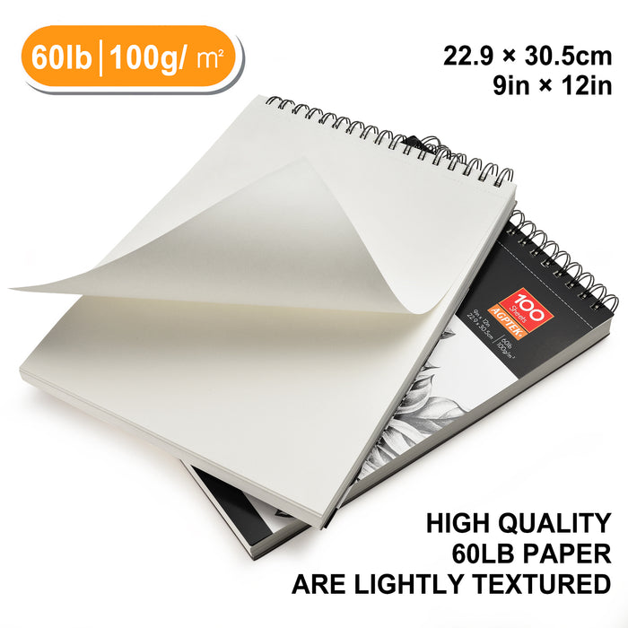 2 Pack Spiral Sketch Book 9X12" Pad 100 Sheets Drawing Paper Pencil Pastel New