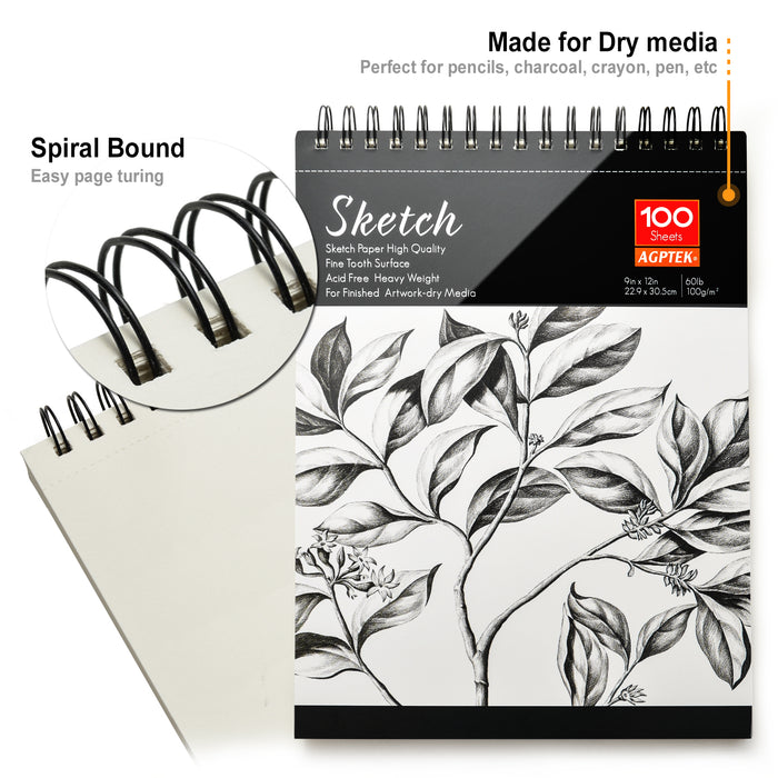 2 Pack Spiral Sketch Book 9X12" Pad 100 Sheets Drawing Paper Pencil Pastel New