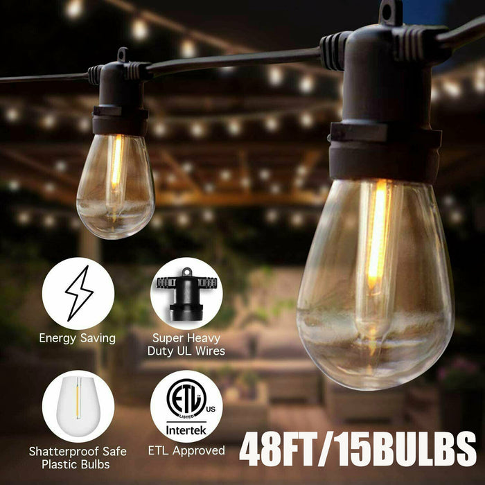 48ft LED 15x S14 Bulbs Globe String Lights Commercial Grade Patio Outdoor Garden