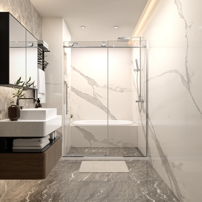 54 In. W X 74 In. H Single Sliding Frameless Shower Door In Chrome With Clear 5/16 In. Glass ARO-TT03-5474