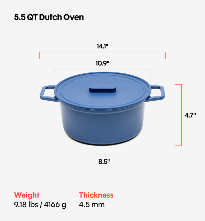 5.5 QT Enamel Cast-Iron Dutch Oven - Grill & Silicone Lid - Classic Blue