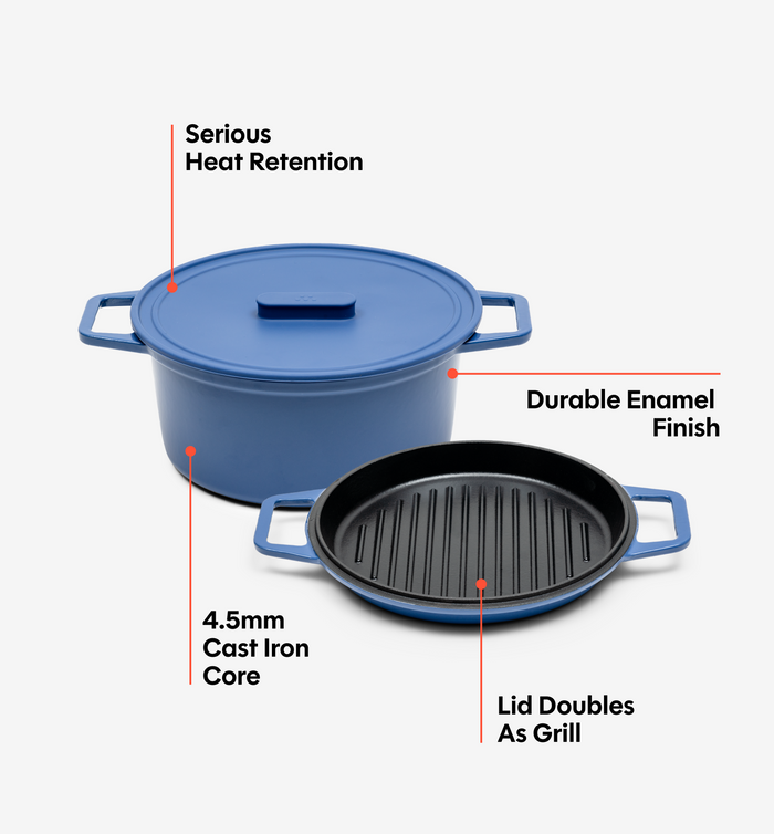 5.5 QT Enamel Cast-Iron Dutch Oven - Grill & Silicone Lid - Classic Blue