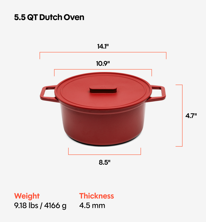 5.5 QT Enamel Cast-Iron Dutch Oven - Grill & Silicone Lid - Red