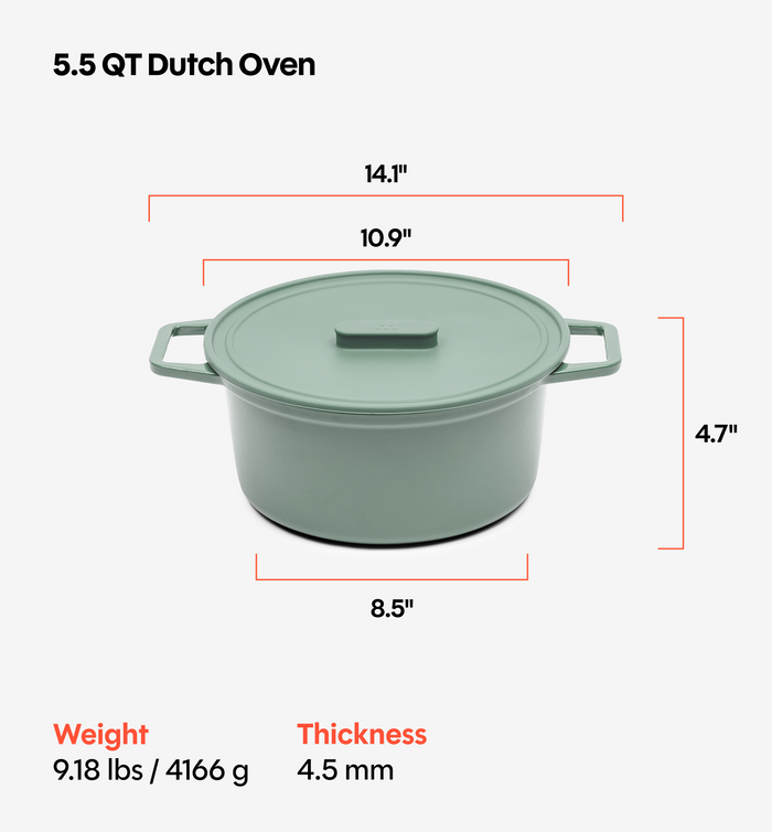 5.5 QT Enamel Cast-Iron Dutch Oven - Grill & Silicone Lid - Sage