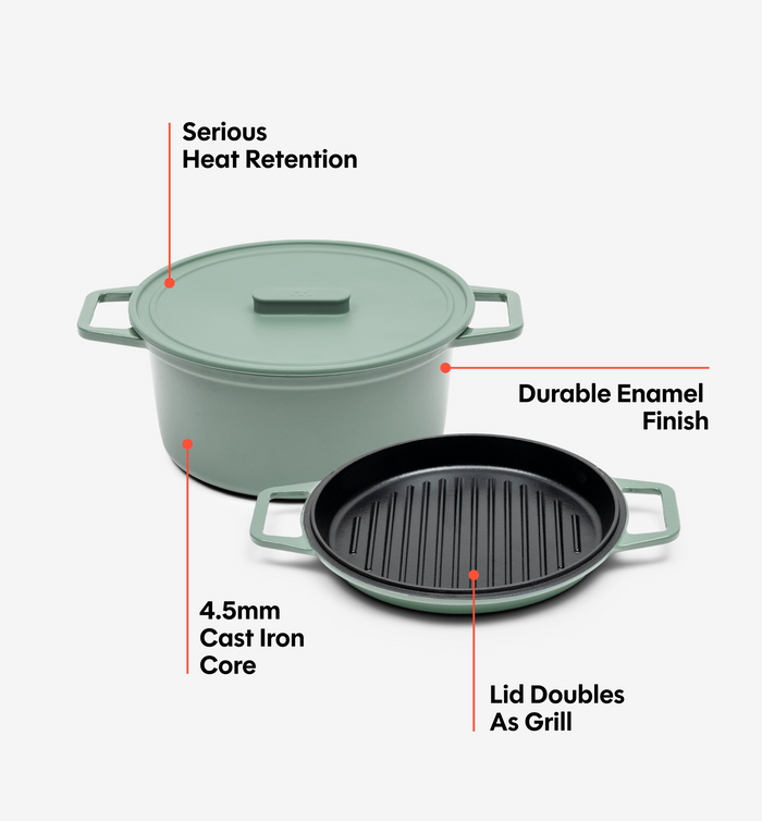 5.5 QT Enamel Cast-Iron Dutch Oven - Grill & Silicone Lid - Sage