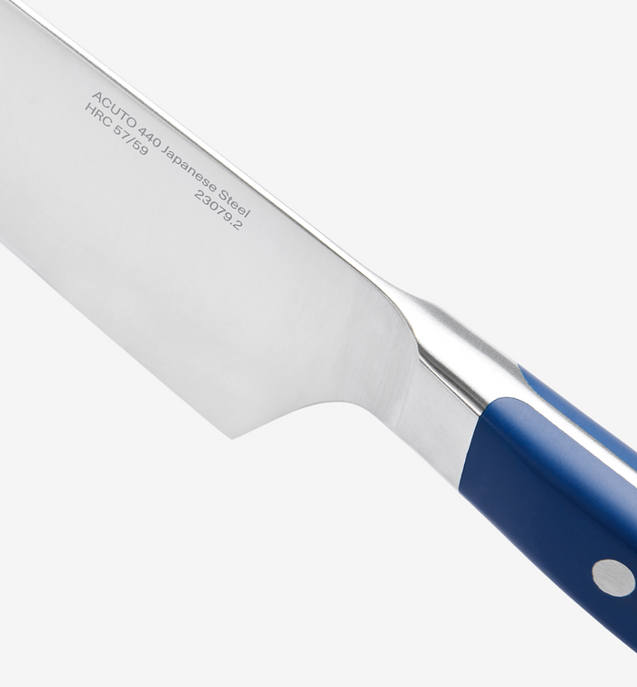 Acuto 440 Japanese Steel chef knife with blue handle, HRC 57/59 hardness rating