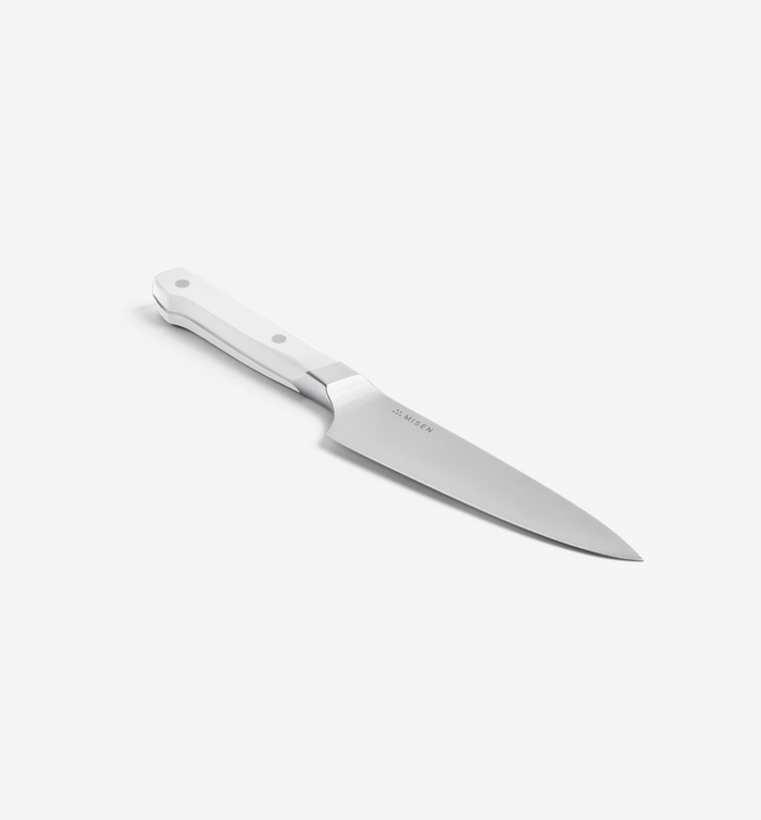 Misen utility knife with white handle and stainless steel blade