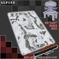 60x44 inch neoprene gaming mat with a Alpine theme, marketed for tabletop gaming, accompanied by a black canvas zipper bag