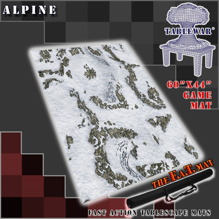 60x44 inch neoprene gaming mat with a Alpine theme, marketed for tabletop gaming, accompanied by a black canvas zipper bag