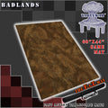 60x44 inch neoprene gaming mat with a Badlands theme, marketed for tabletop gaming, accompanied by a black canvas zipper bag