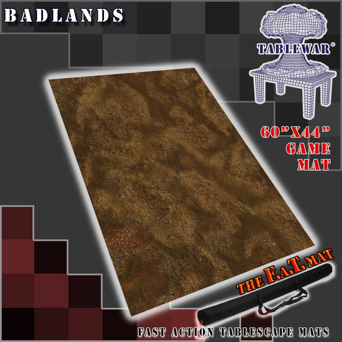 60x44 inch neoprene gaming mat with a Badlands theme, marketed for tabletop gaming, accompanied by a black canvas zipper bag