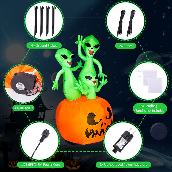 6FT Halloween Inflatable Pumpkin Alien Blow Up Decor with Built-in LED Lights Outdoor