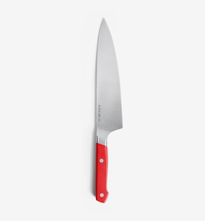 Misen chef's knife with red handle and stainless steel blade