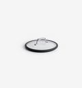 Glass pan lid with stainless steel handle and black silicone rim