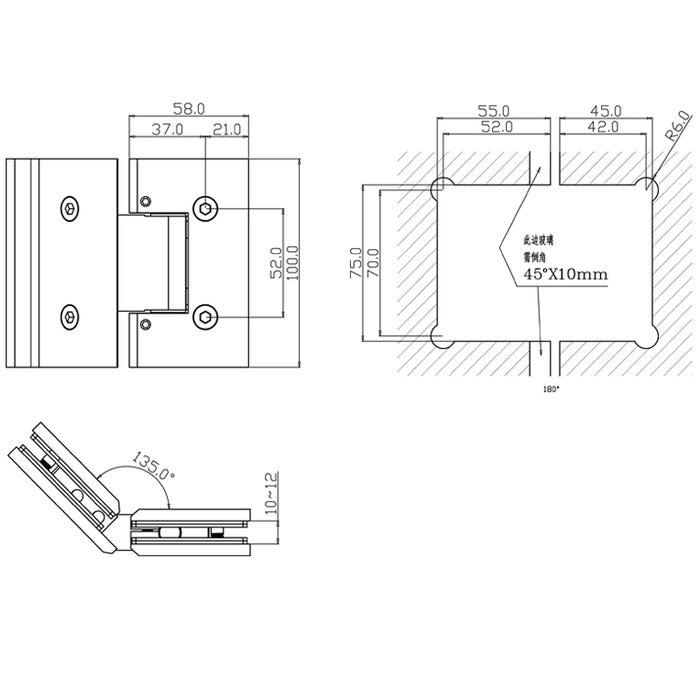 Adjustable Heavy duty 135° Glass to Glass Hinges Square Edged | TR625