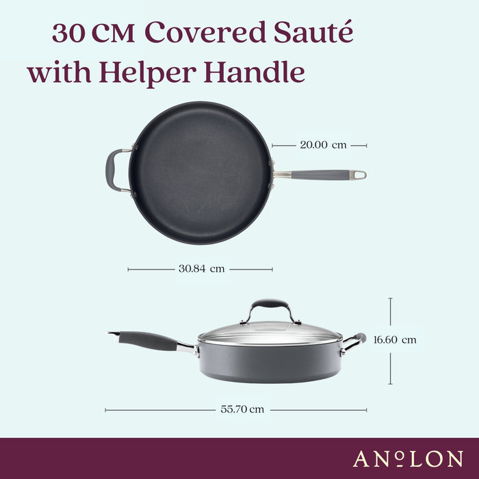 Size and scale view: for braising and one-pot meals – hard-anodised aluminium – Anolon Advanced Home Nonstick Covered Saute with Helper Handle 30cm/4.7L...