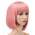 AGPtEK 13" Heat Resistant Straight Short Bob Hair Wigs with Flat Bangs for Women Cosplay Daily Party, Pink