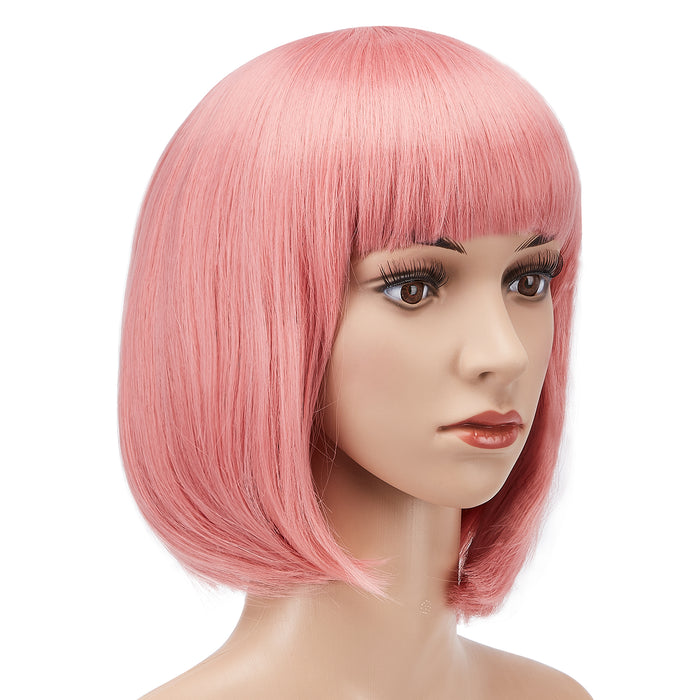 AGPtEK 13" Heat Resistant Straight Short Bob Hair Wigs with Flat Bangs for Women Cosplay Daily Party, Pink