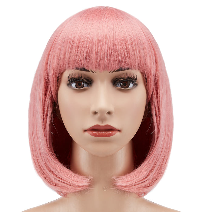 AGPtEK 13" Heat Resistant Straight Short Bob Hair Wigs with Flat Bangs for Women Cosplay Daily Party, Pink