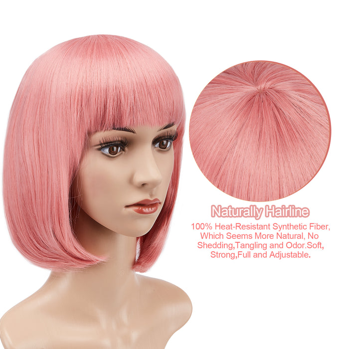 AGPtEK 13" Heat Resistant Straight Short Bob Hair Wigs with Flat Bangs for Women Cosplay Daily Party, Pink