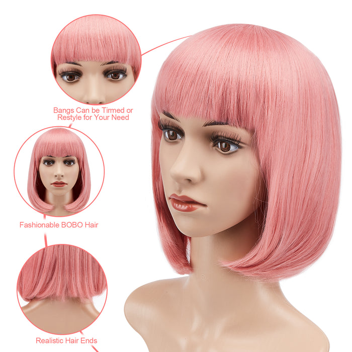 AGPtEK 13" Heat Resistant Straight Short Bob Hair Wigs with Flat Bangs for Women Cosplay Daily Party, Pink
