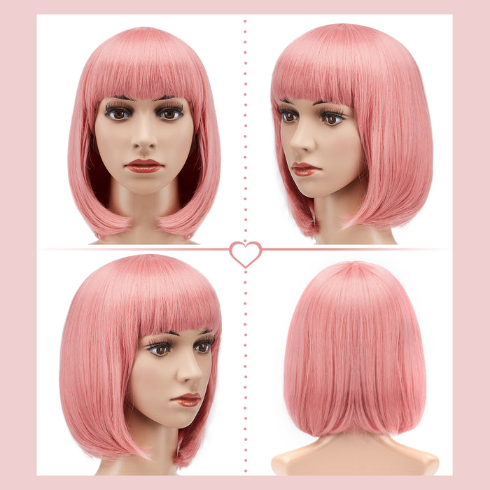AGPtEK 13" Heat Resistant Straight Short Bob Hair Wigs with Flat Bangs for Women Cosplay Daily Party, Pink