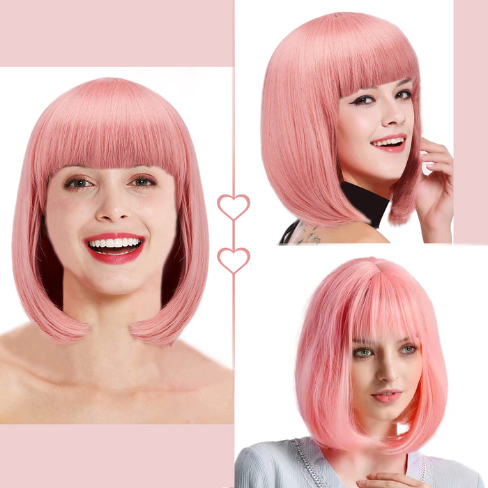 AGPtEK 13" Heat Resistant Straight Short Bob Hair Wigs with Flat Bangs for Women Cosplay Daily Party, Pink