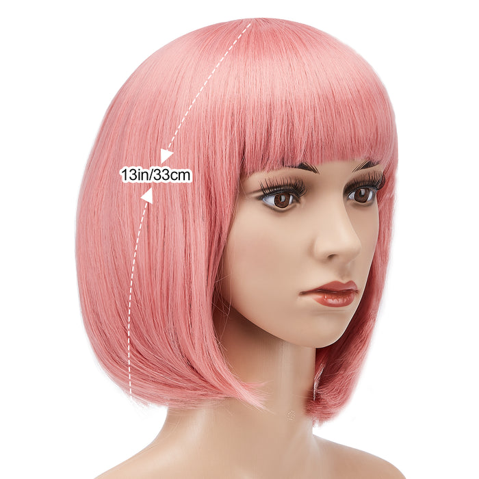 AGPtEK 13" Heat Resistant Straight Short Bob Hair Wigs with Flat Bangs for Women Cosplay Daily Party, Pink