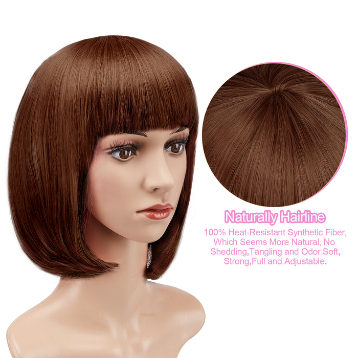 AGPtEK 13" Straight Short Bob Hair Wigs with Flat Bangs for Women Cosplay Daily Party Heat Resistant, Light Brown