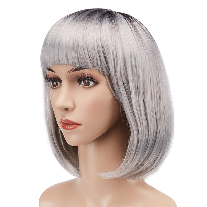 AGPtEK 13" Straight Short Bob Hair Wigs with Flat Bangs for Women Cosplay Daily Party, Heat Resistant, Grey