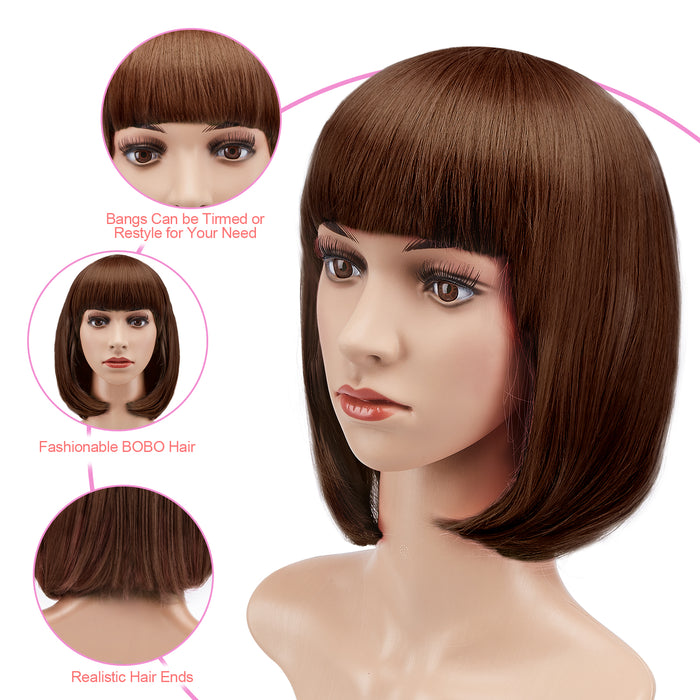 AGPtEK 13" Straight Short Bob Hair Wigs with Flat Bangs for Women Cosplay Daily Party Heat Resistant, Light Brown