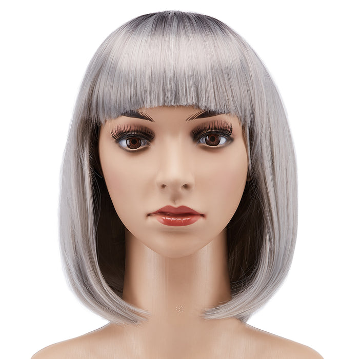 AGPtEK 13" Straight Short Bob Hair Wigs with Flat Bangs for Women Cosplay Daily Party, Heat Resistant, Grey