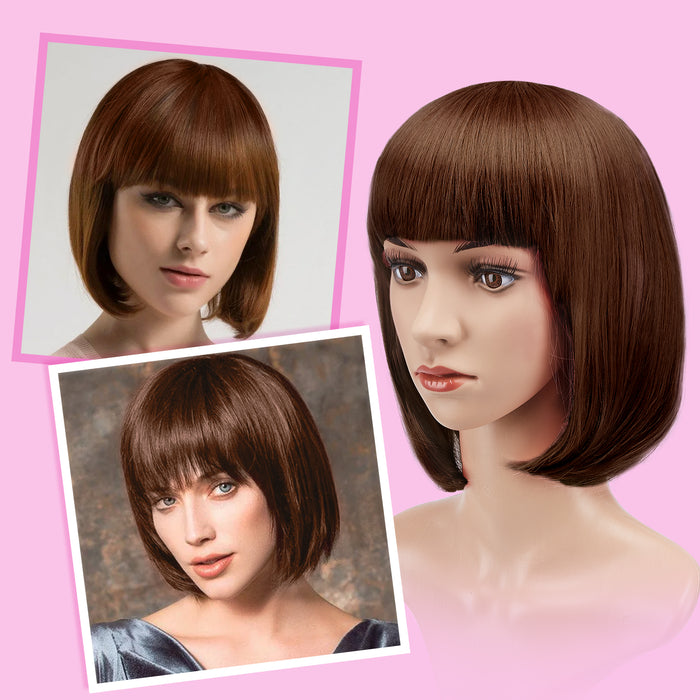 AGPtEK 13" Straight Short Bob Hair Wigs with Flat Bangs for Women Cosplay Daily Party Heat Resistant, Light Brown