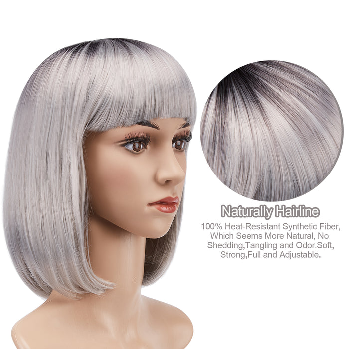 AGPtEK 13" Straight Short Bob Hair Wigs with Flat Bangs for Women Cosplay Daily Party, Heat Resistant, Grey