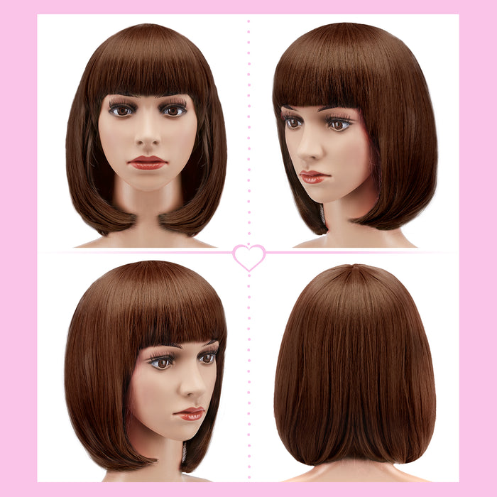 AGPtEK 13" Straight Short Bob Hair Wigs with Flat Bangs for Women Cosplay Daily Party Heat Resistant, Light Brown