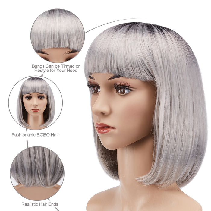 AGPtEK 13" Straight Short Bob Hair Wigs with Flat Bangs for Women Cosplay Daily Party, Heat Resistant, Grey