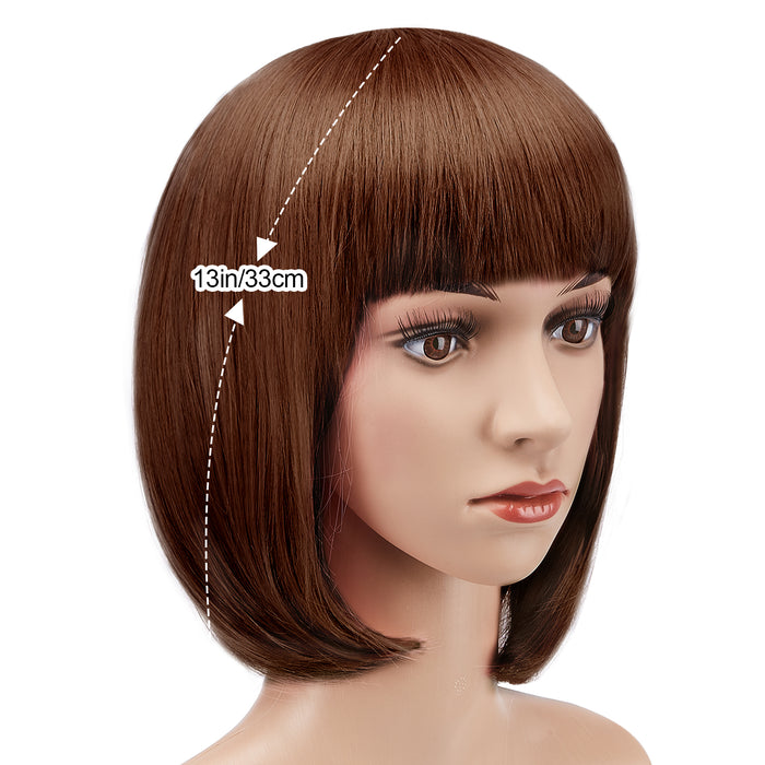 AGPtEK 13" Straight Short Bob Hair Wigs with Flat Bangs for Women Cosplay Daily Party Heat Resistant, Light Brown