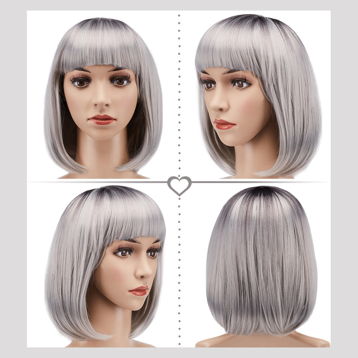 AGPtEK 13" Straight Short Bob Hair Wigs with Flat Bangs for Women Cosplay Daily Party, Heat Resistant, Grey