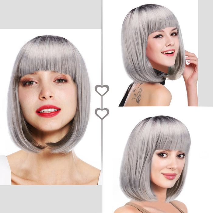 AGPtEK 13" Straight Short Bob Hair Wigs with Flat Bangs for Women Cosplay Daily Party, Heat Resistant, Grey