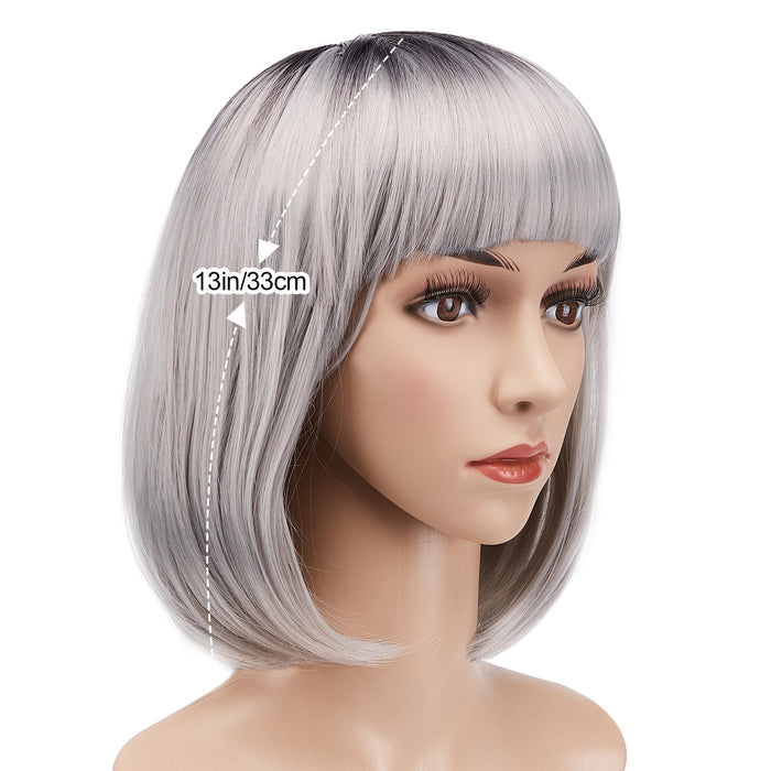 AGPtEK 13" Straight Short Bob Hair Wigs with Flat Bangs for Women Cosplay Daily Party, Heat Resistant, Grey