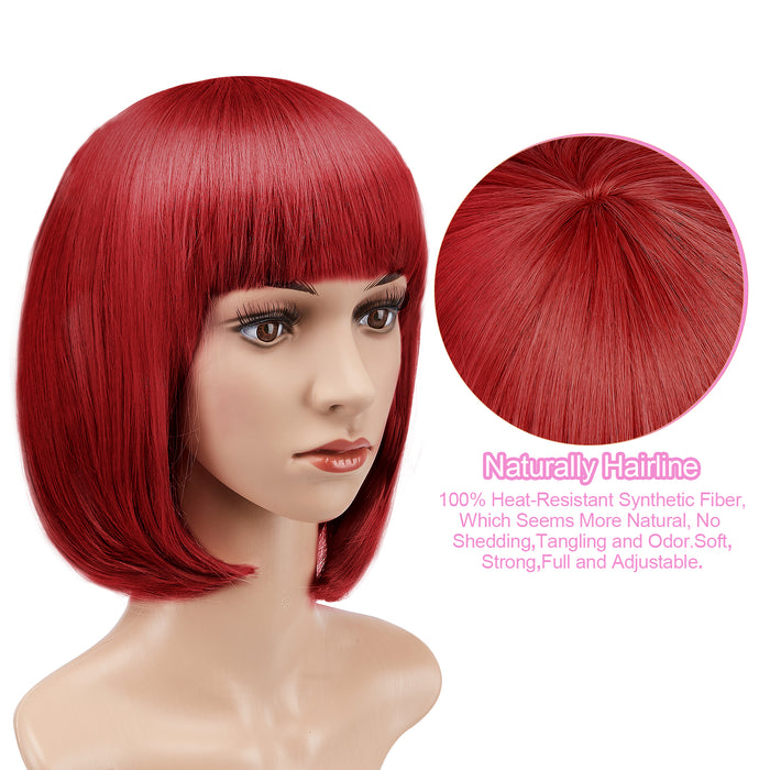 AGPtEK 13" Straight Short Bob Hair Wigs with Flat Bangs Heat Resistant for Women Cosplay Daily Party, Red